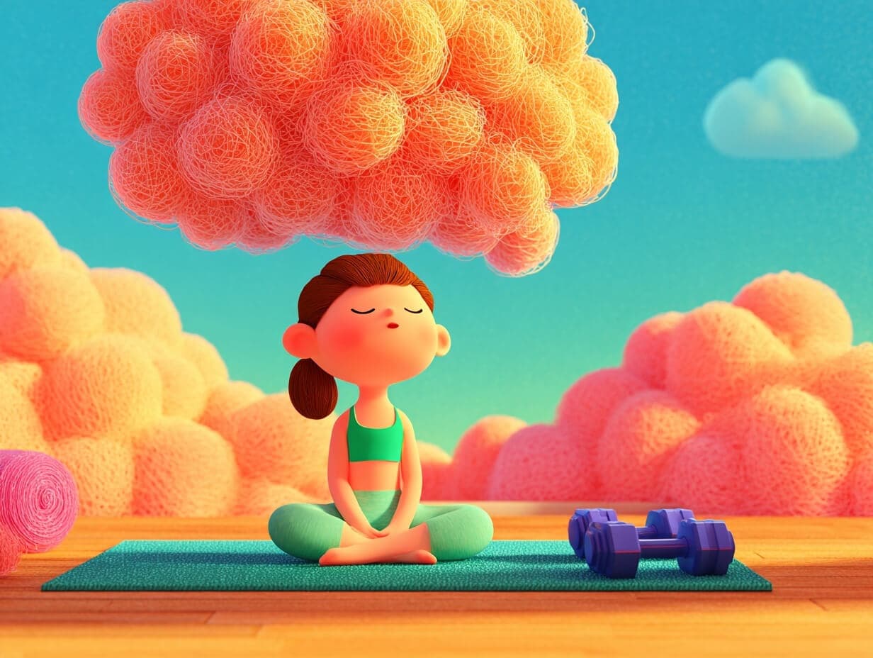 A woman meditates on a mat beside two dumbbells beneath a large coral-colored cloud in a bright turquoise landscape.