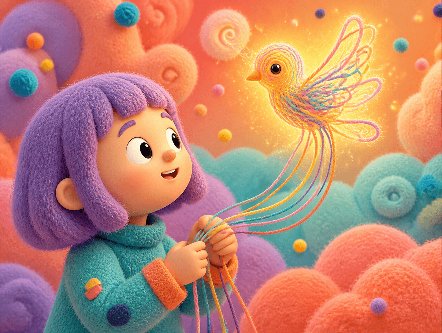 A purple-haired girl holds colourful threads that weave themselves into a glowing bird in a soft coral and turquoise world.