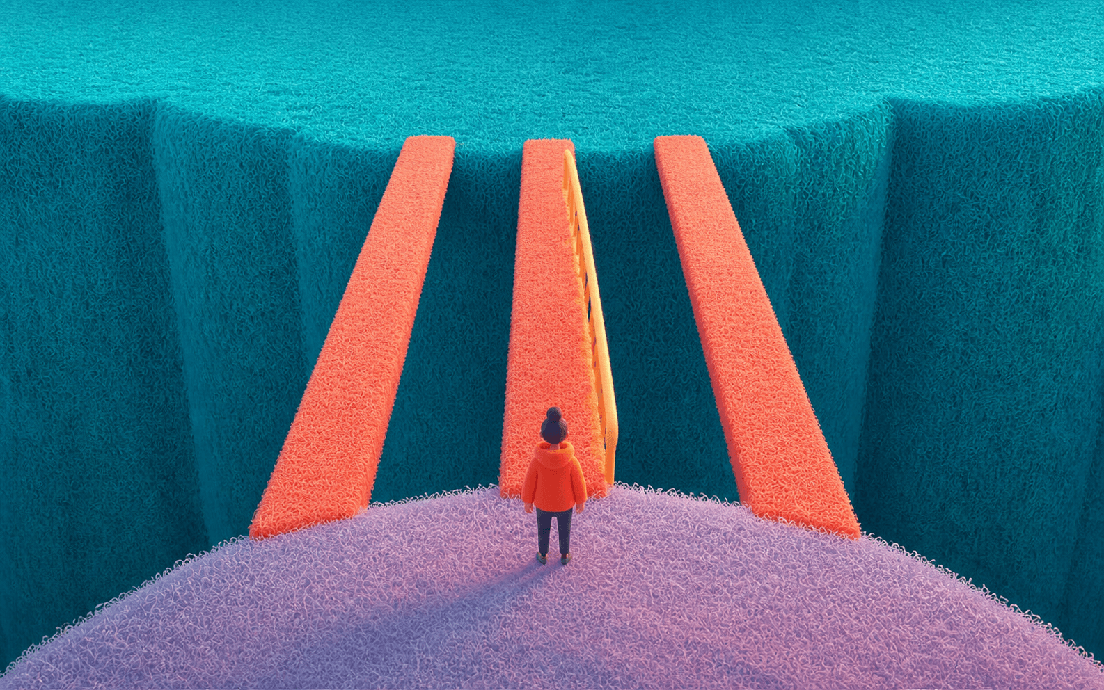 An adult considers three short paths across a small gap, with one simple handrail nearby