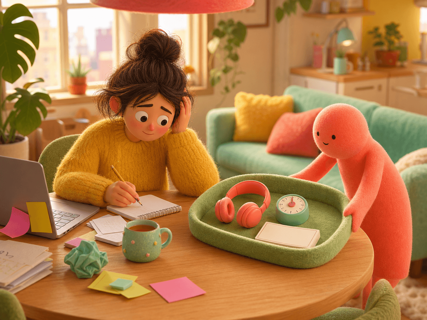 A friendly coral helper slides a tray with headphones, a timer, and a blank card toward an adult working at a cozy table.