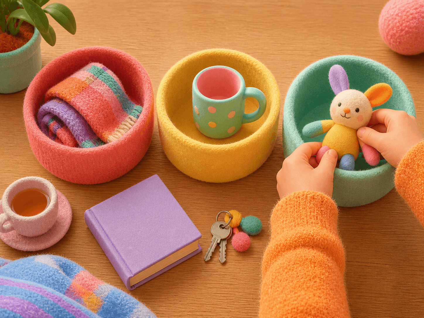 Two hands place a small soft toy into one of three colorful felt baskets on a mostly clear table beside a mug, book, keys, and folded scarf.