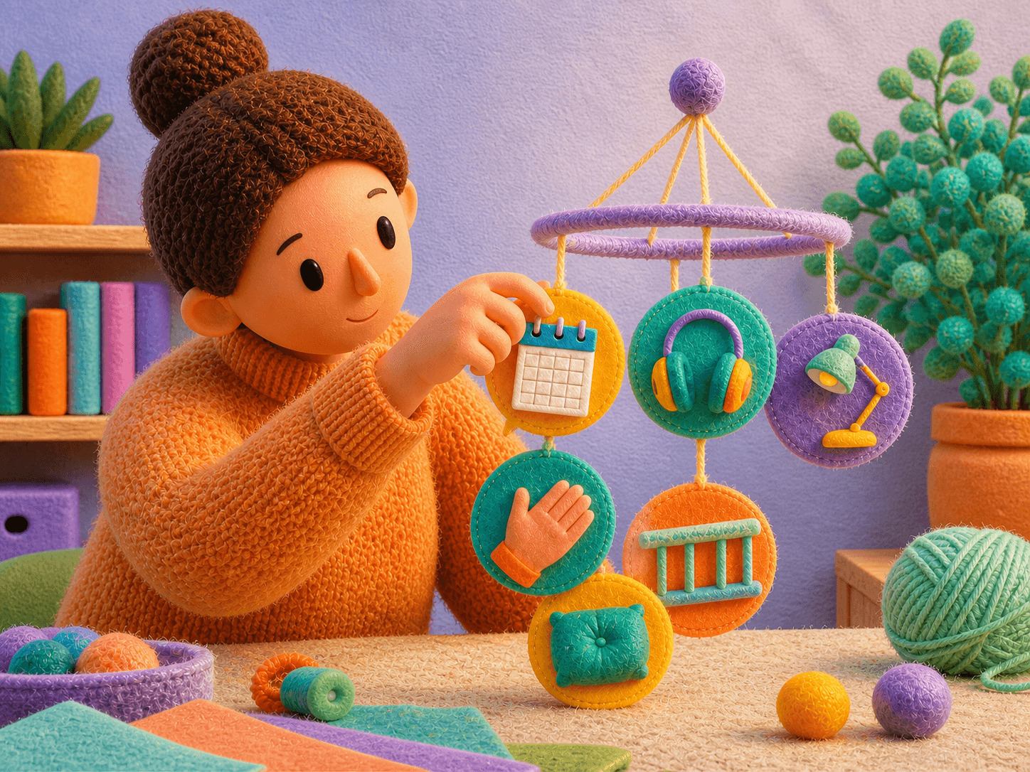 An adult assembles a colorful handmade mobile of balanced supports in a clearly visible craft room, including a calendar, headphones, lamp, helping hand, handrail, and cushion.