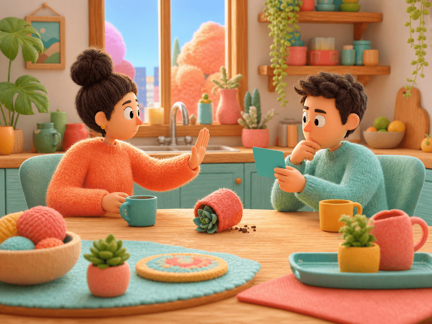 Two adults pause at a colorful kitchen table after a small plant pot tips over; one raises an open hand while the other checks a blank teal card.