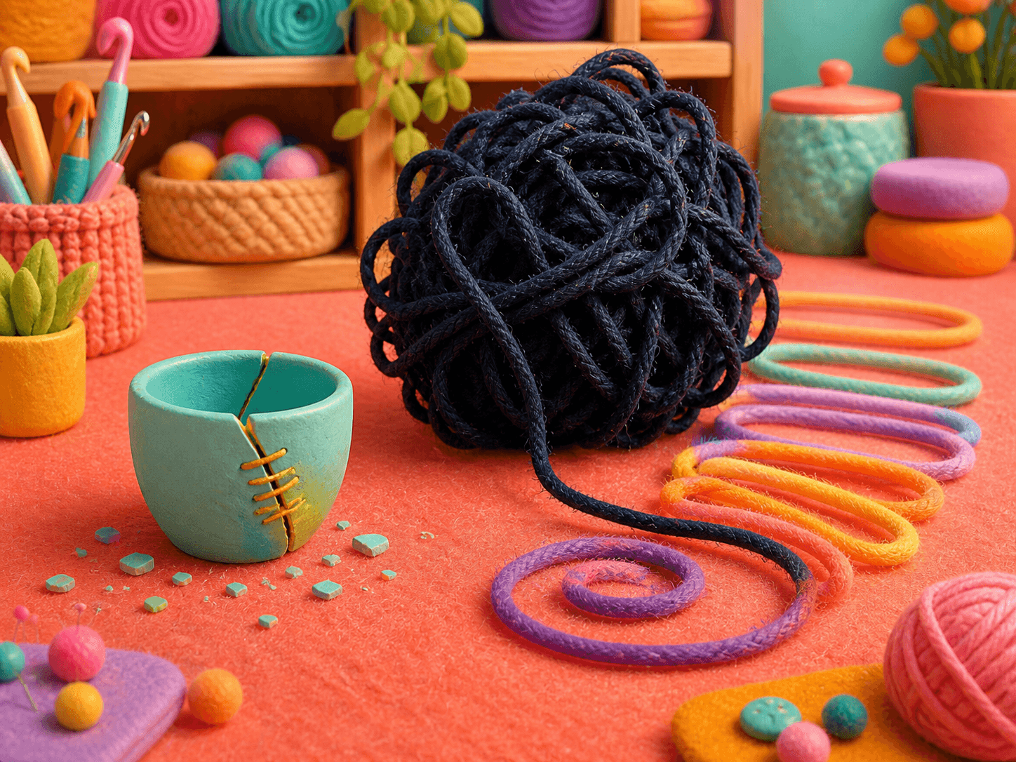 A small cracked turquoise cup is mended with golden stitches beside a dark tangled yarn ball being separated into colorful loops on a warm craft table.