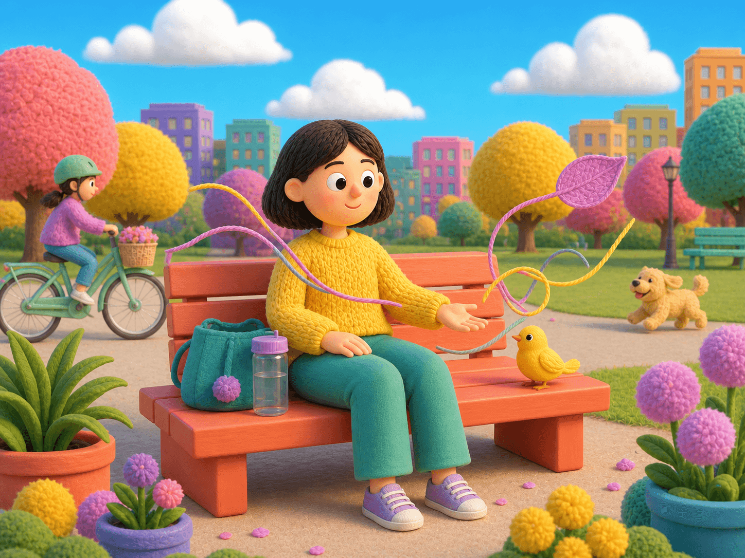 An adult in a yellow knit sweater sits on a smooth coral park bench and notices a yellow bird while a cyclist, dog, leaf, and colorful attention threads remain visible.