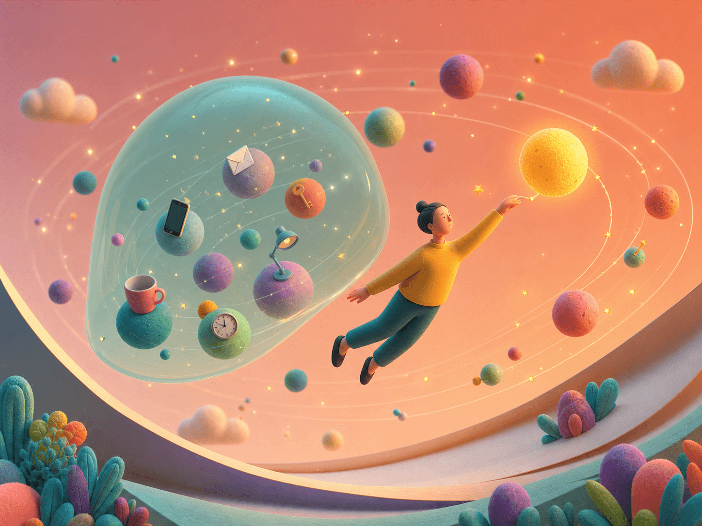 An adult floats among colorful orbiting demands while most settle quietly beneath a translucent mint glass bell and one warm yellow moon remains within reach.