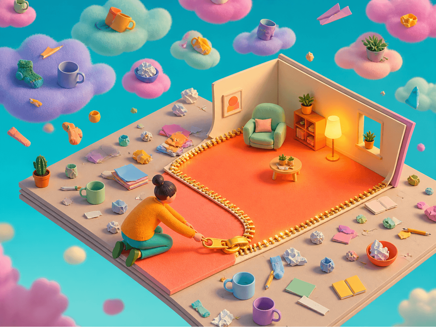 An adult closes a golden zipper around one calm coral room while postponed cups, papers, socks, and plants float away on colorful clouds.