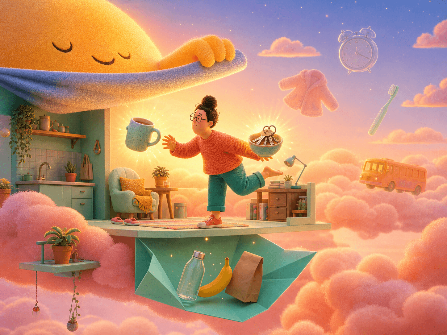 A living golden dawn rolls open the sky above a floating apartment as a mug and key bowl glow near an adult and a backup routine rests in a mint origami pocket.