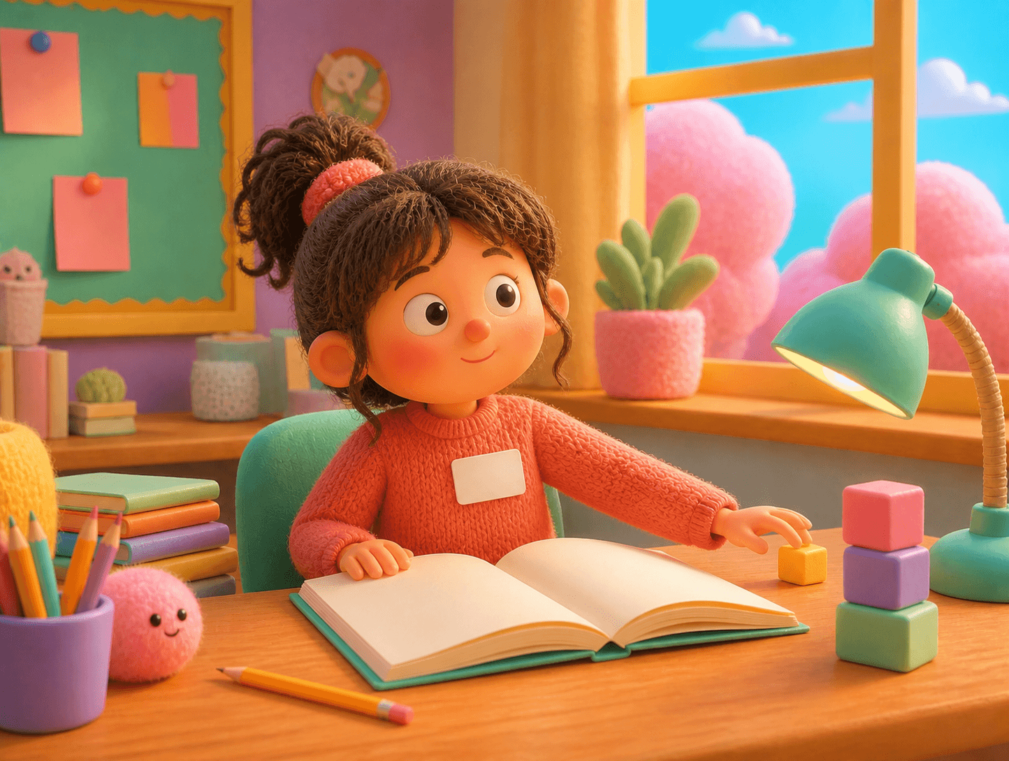 An anonymous school-age girl in a bright tactile classroom reaches toward colorful learning blocks beside an open workbook.