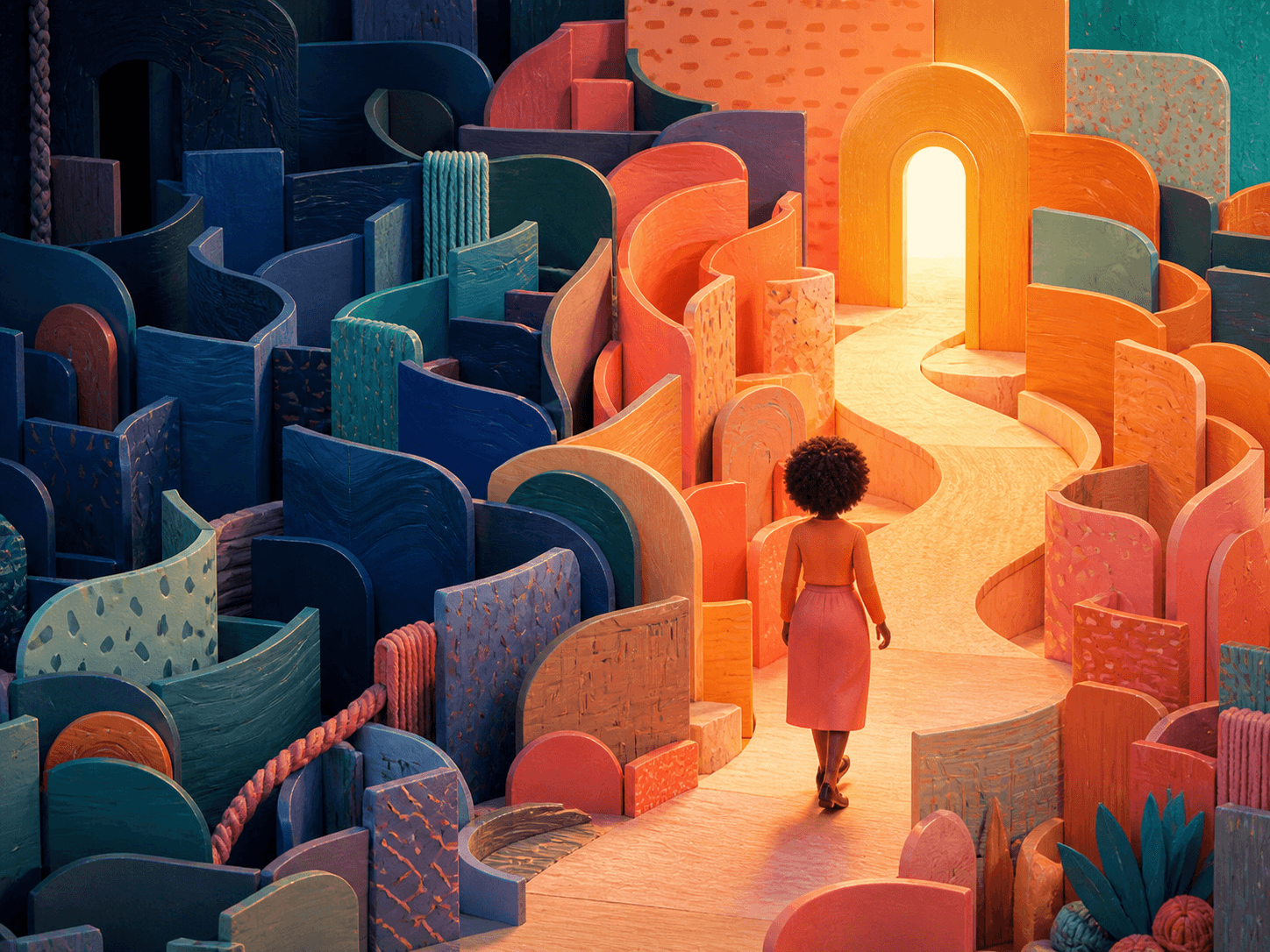 An anonymous Black woman seen from behind walks along a warm winding path through a handcrafted maze of indigo, coral and teal panels towards an open, light-filled doorway.
