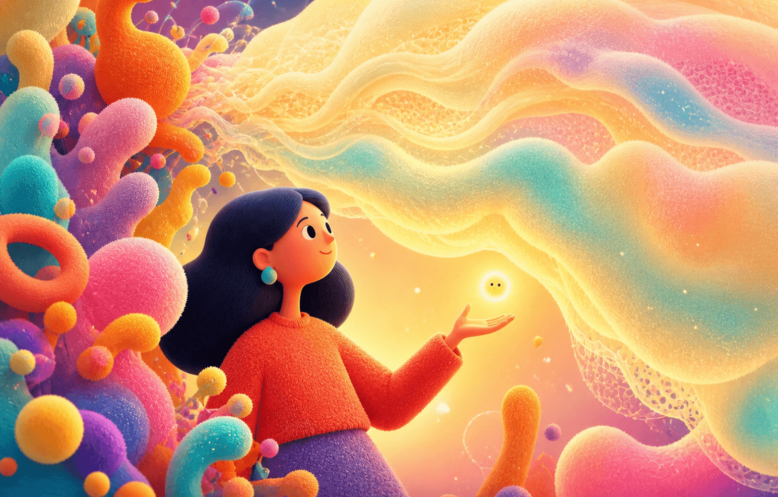 A woman watches colorful soft forms transform into a glowing, weightless shelter above her.