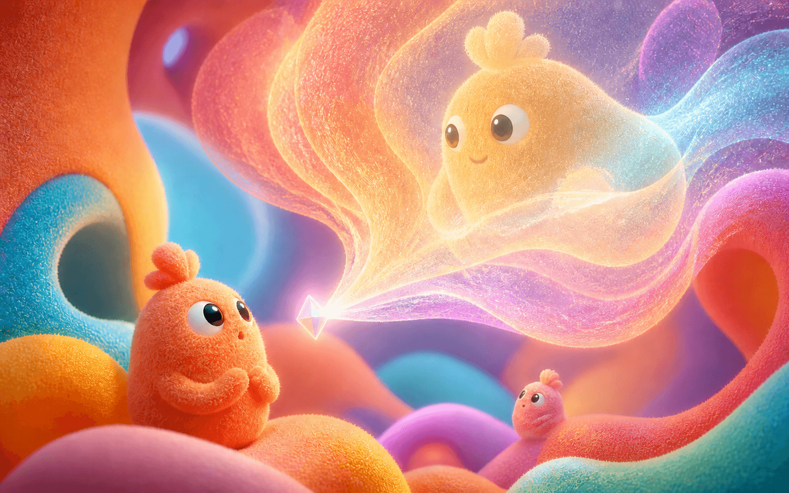 An orange fantasy creature watches a tiny glowing diamond expand into a giant airy version of a small pink creature in a colourful soft dream world.