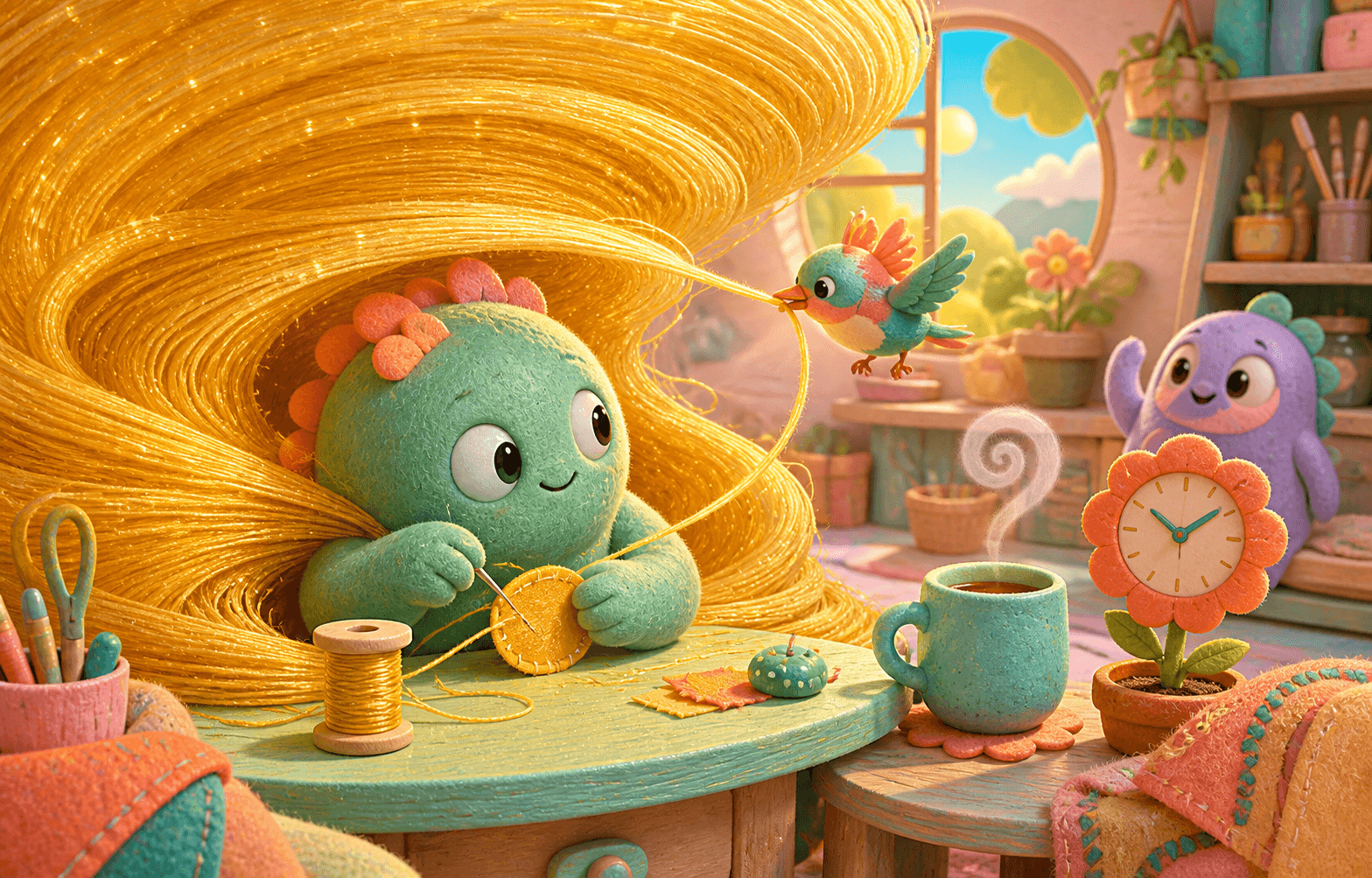 A green character becomes absorbed in sewing as a huge swirl of golden thread gathers around them, while a colorful bird pulls one strand toward a waiting friend, a cup of tea, and a flower-shaped clock.
