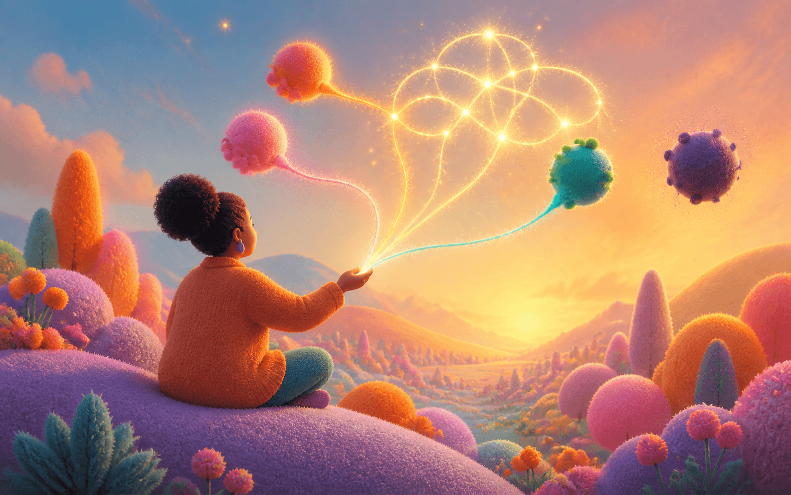 A Black woman sits in a bright soft fantasy landscape, holding glowing threads that connect three colorful floating forms into a luminous pattern while a fourth purple form remains separate.