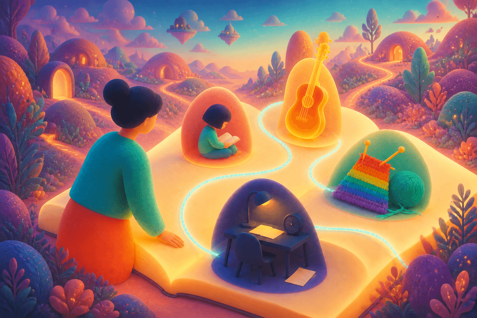 A woman looks across an enormous glowing book where scenes of a child reading, a guitar, knitting and a work desk are connected by a turquoise path through a bright layered fantasy landscape.