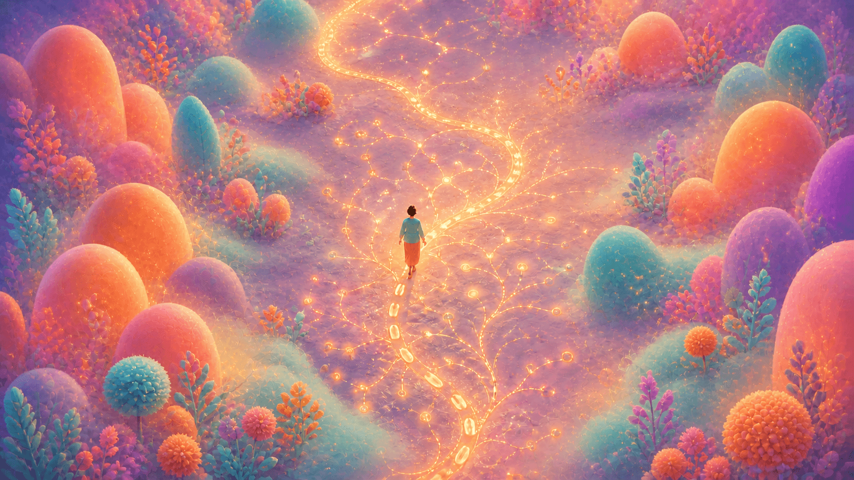A small person walks through a coral and violet fantasy landscape as glowing footsteps connect into branching patterns.