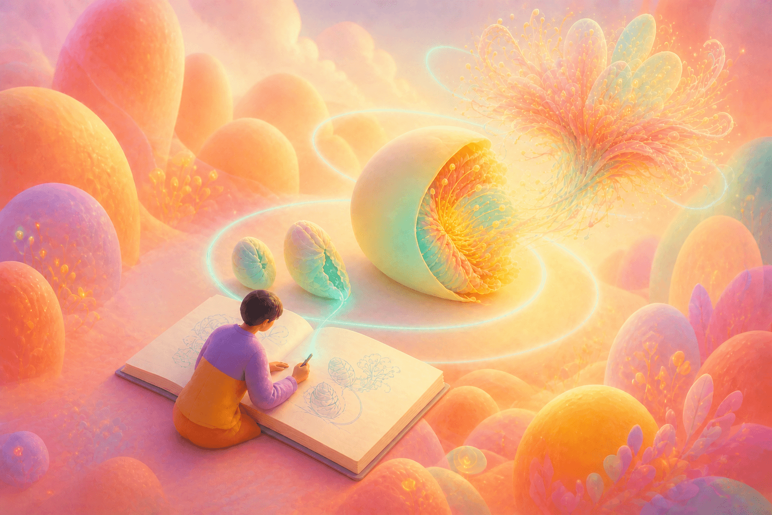 An artist draws a glowing turquoise line that rises from a sketchbook and transforms muted soft shapes into a colourful fantasy world.